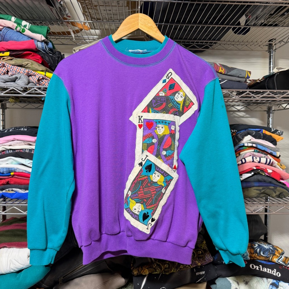 Vintage Poker Playing Cards Colorblock Sweatshirt Women's Large Purple Pullover